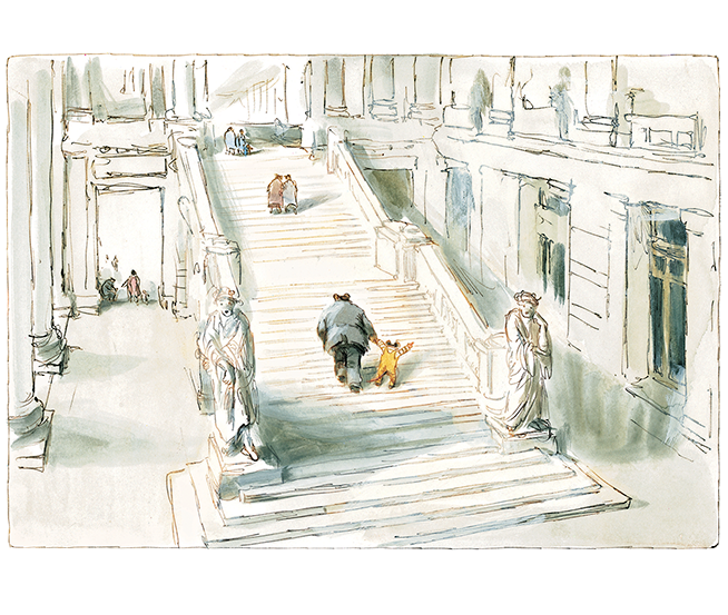 Vignette d'une aquarelle d'Ernest et Célestine qui montent les escaliers du musée