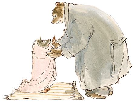 Watercolor of Ernest wrapping Célestine in a towel