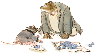 Watercolor of Ernest and Celestine picking plums