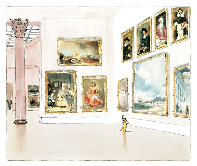 Thumbnail of a watercolor of Ernest and Célestine observing paintings