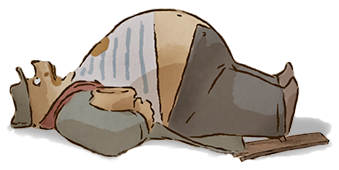 Illustration d'Ernest couché au sol un pot de miel au bras, extrait du film d'Ernest et Célestine