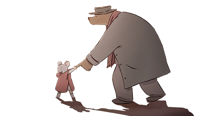 Illustration of Ernest holding Celestine in his hand, extract of the Ernest and Célestine's serie