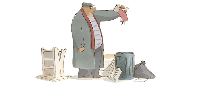 Illustration d'Ernest qui soulève Célestine des poubelles, extrait du film d'Ernest et Célestine