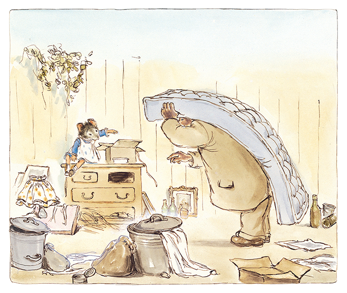 Vignette d'une aquarelle d'Ernest et Célestine qui cherche des objets à la décharge