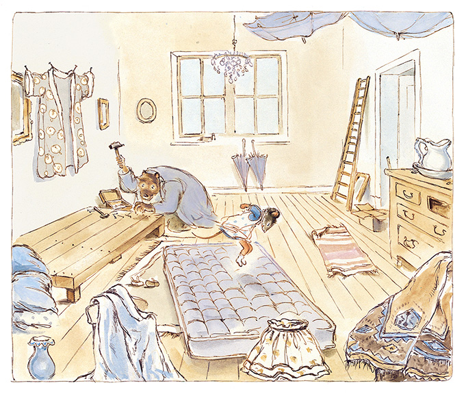 Vignette d'une aquarelle d'Ernest et Célestine qui aménage une chambre
