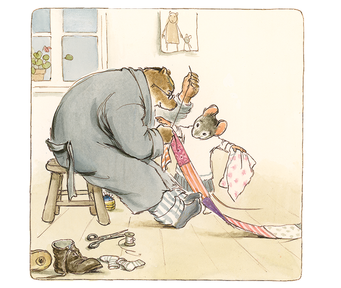 Illustration of Ernest & Celestine sewing a patchwork blanket