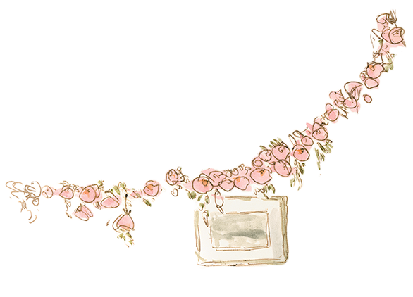 Watercolor of a ribbon of pink flowers supporting a frame, extract from an Ernest & Célestine book