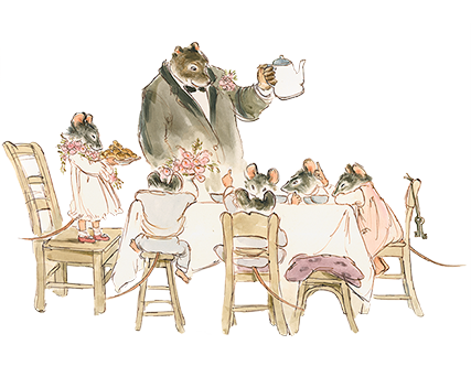 Aquarelle d'Ernest et Célestine qui prennent le thé avec d'autres souris.